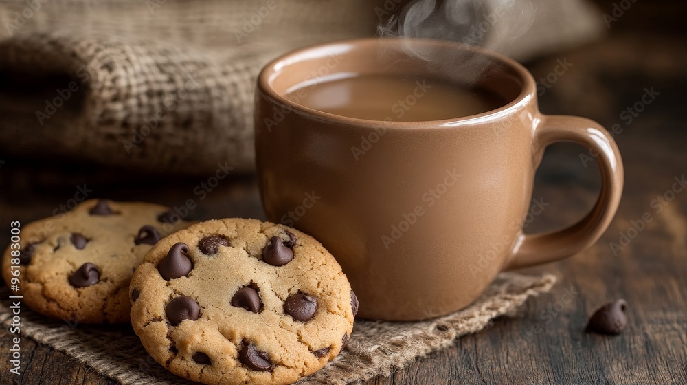 A steaming mug filled with tea or coffee and a side of chocolate chip cookies. A steaming mug filled with tea or coffee and a side of chocolate chip cookies.