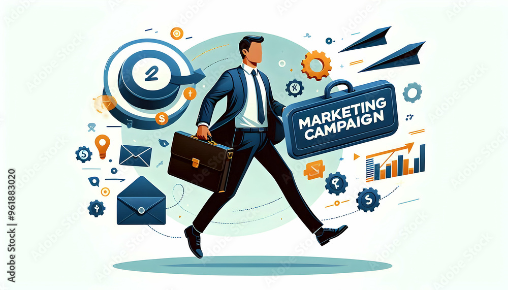 Dynamic Flat Vector Illustration of Floating Briefcase and Envelope Featuring Marketing Campaign Text for Effective Marketing Strategy Dynamic Flat Vector Illustration of Floating Briefcase and Envelope Featuring Marketing Campaign Text for Effective Marketing Strategy
