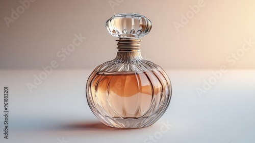 A glass perfume bottle, clear and elegant, minimalist design, luxury fragrance, isolated on white background