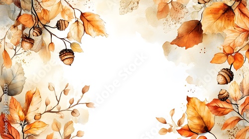 Wallpaper Mural An autumn-inspired frame with watercolor-painted golden leaves and acorns, ideal for fall-themed announcements or decor. Torontodigital.ca