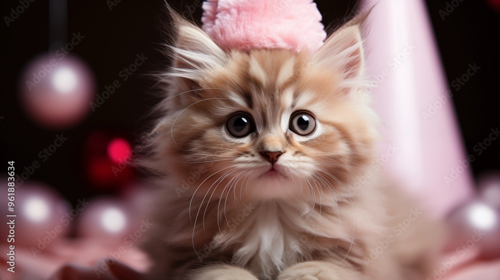 cute cat in a birthday hat sits on the background in the studio, space for text, birthday party. cute cat in a birthday hat sits on the background in the studio, space for text, birthday party.