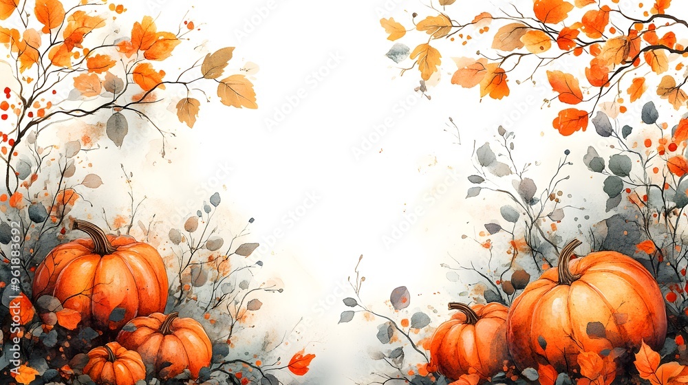 Naklejka premium Watercolor autumn frame featuring hand-painted golden leaves, branches, and pumpkins, ideal for seasonal greeting cards.