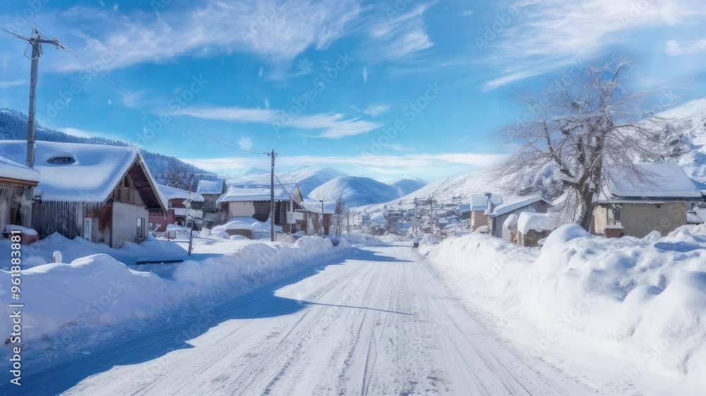 Snowy Mountain Village Road with Orange Sky Snowy Mountain Village Road with Orange Sky