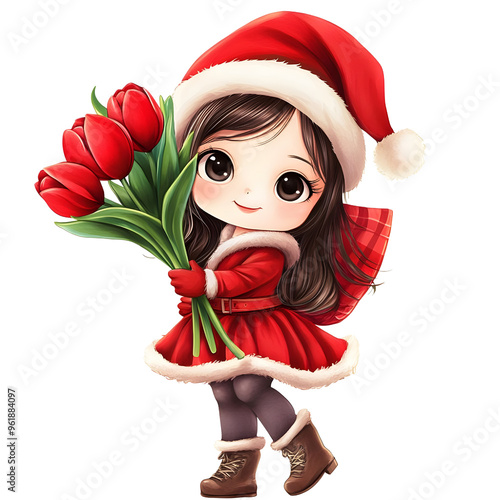 Cute santy girl smile and your hands holding tulip flowers, Christmas season, watercolor illustration, isolate on white background. photo