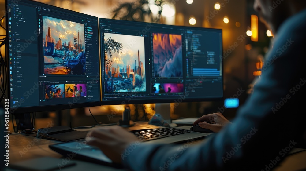 Video editor editing photos and videos on his computer at night in his office Video editor editing photos and videos on his computer at night in his office