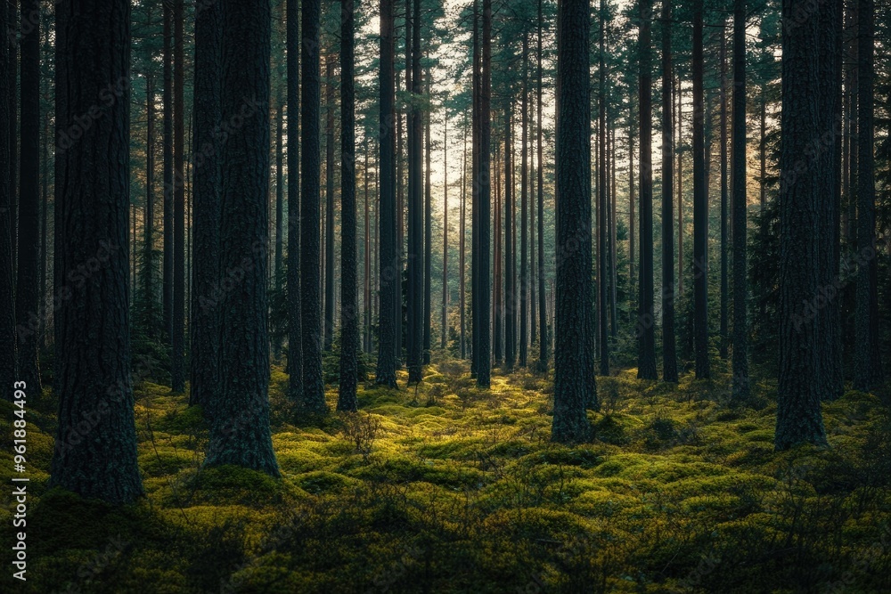 Fototapeta premium Sunlight Filtering Through Dense Pine Forest