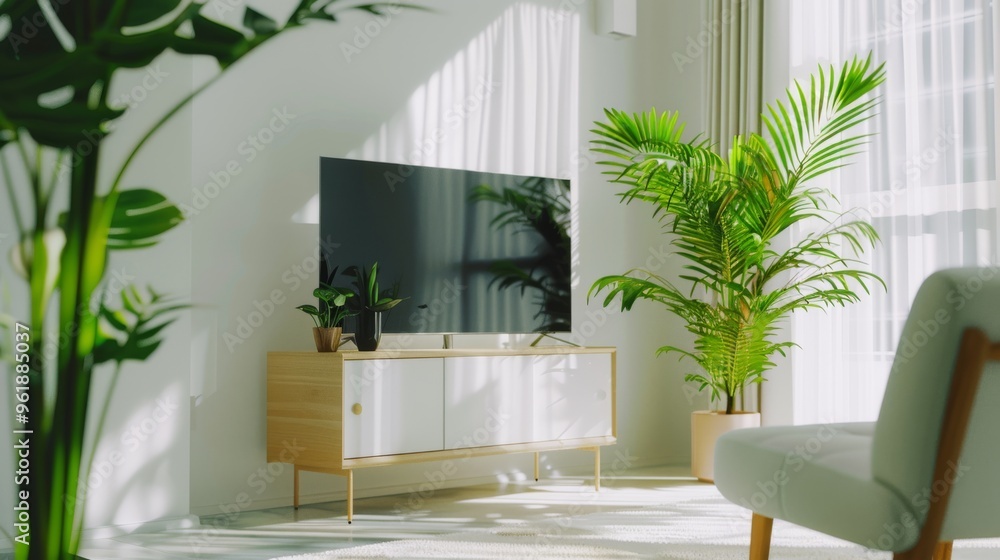 A bright, modern living room with large plants, a television, and sunlight streaming in through sheer curtains. A bright, modern living room with large plants, a television, and sunlight streaming in through sheer curtains.