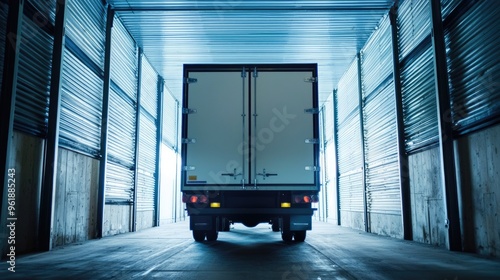 White delivery truck reversing in loading dock at night