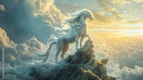 A majestic qilin stands on mountain peak, its shimmering scales reflecting golden light of sunset. scene evokes sense of wonder and tranquility. photo