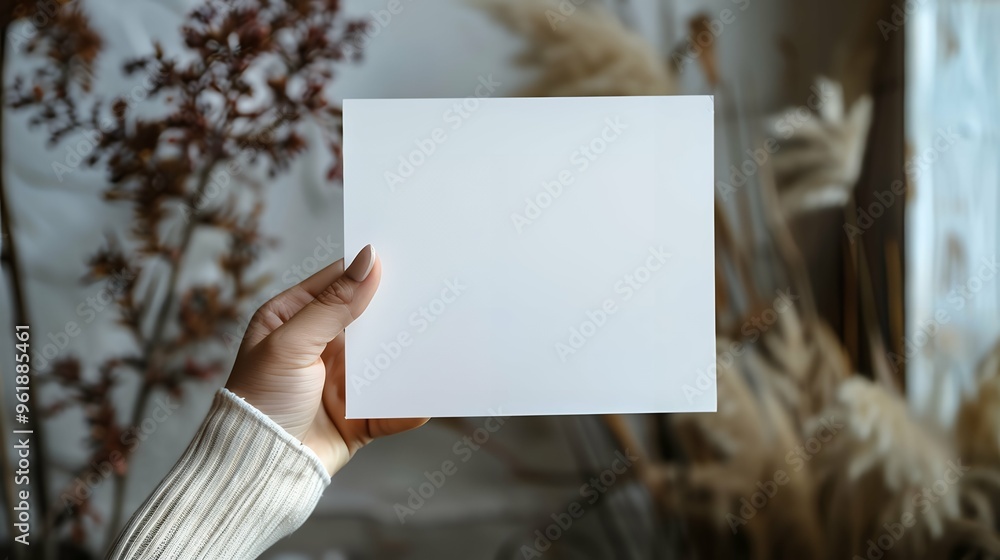Close-up of young woman holding a white empty paper mockup with copy space. Close-up of young woman holding a white empty paper mockup with copy space.