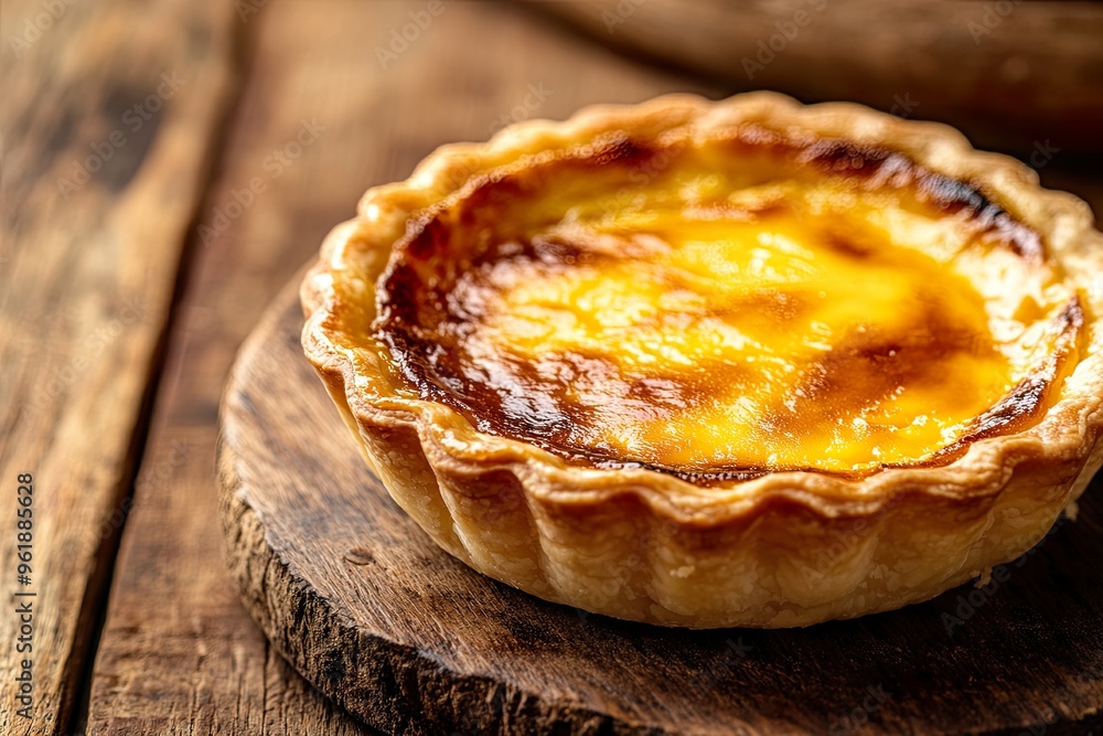 A delicious custard tart on a wooden board. A delicious custard tart on a wooden board.