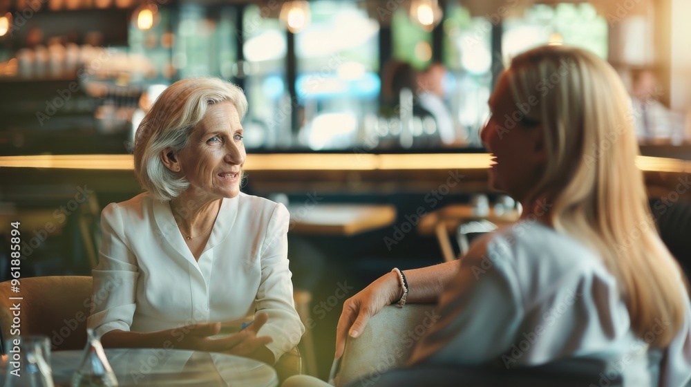 Two women engage in an animated conversation in a cozy, modern café, sharing stories and bonding over coffee. Two women engage in an animated conversation in a cozy, modern café, sharing stories and bonding over coffee.
