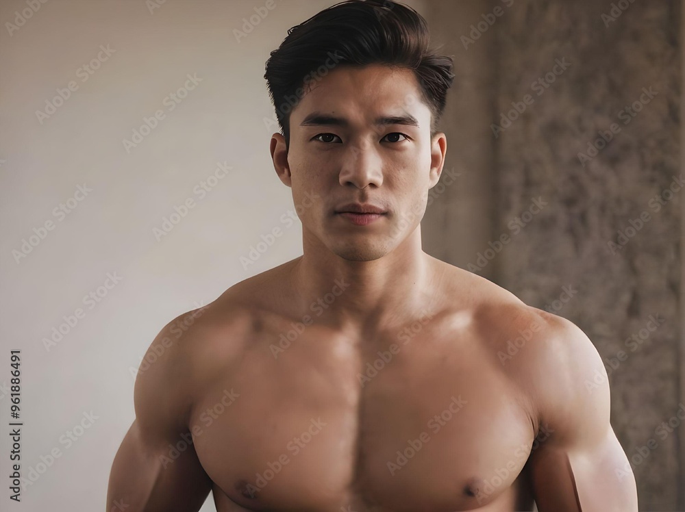 Fototapeta premium Hot Shirtless Muscular and Handsome Asian Man Looking at Camera Portrait in The Room Concept