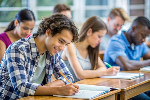 Engaged students taking exam in classroom at university during daytime