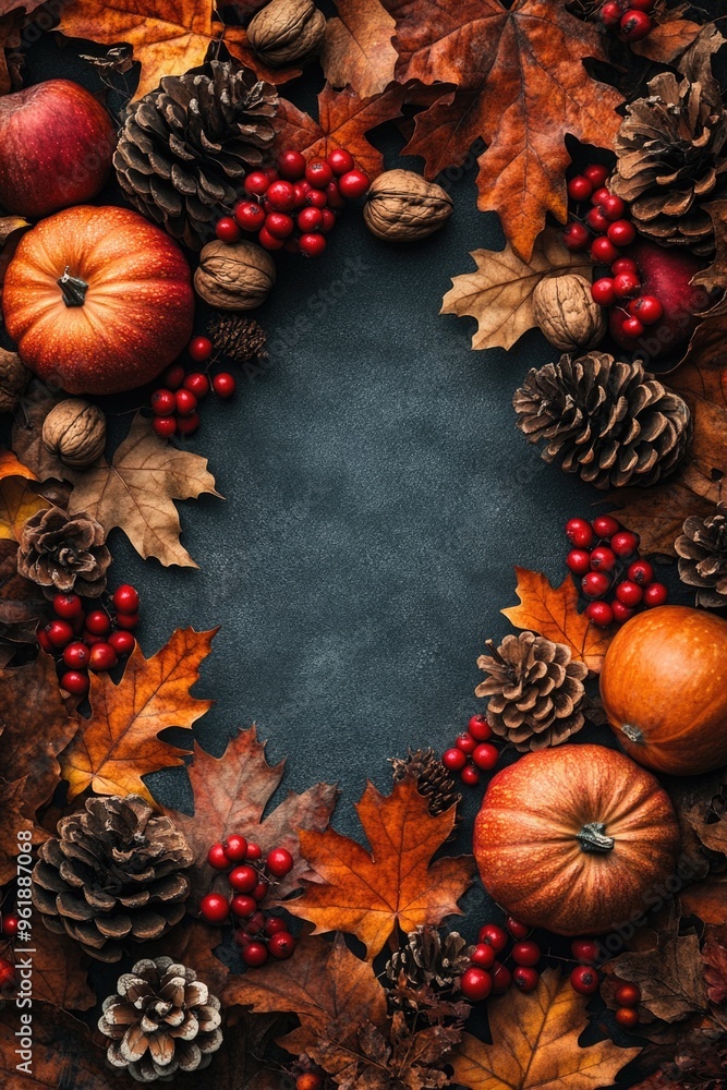 A wreath of autumn leaves and nuts with a pumpkin in the center A wreath of autumn leaves and nuts with a pumpkin in the center
