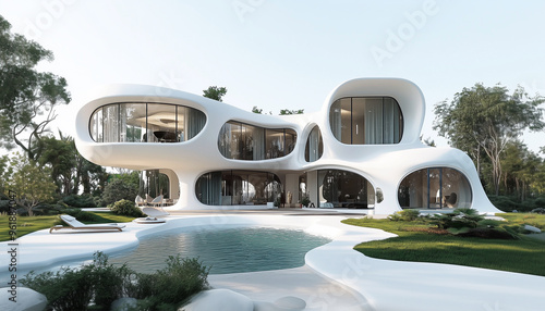 Wallpaper Mural Modern organic architecture of a unique home in a landscaped garden with a swimming pool under a clear blue sky. Generative ai. Torontodigital.ca