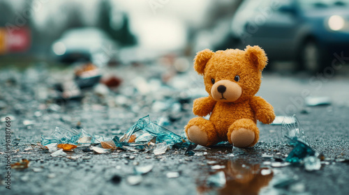 Fototapeta Naklejka Na Ścianę i Meble -  A small teddy bear left behind on road scattered with broken glass, evoking sense of loss and sadness.