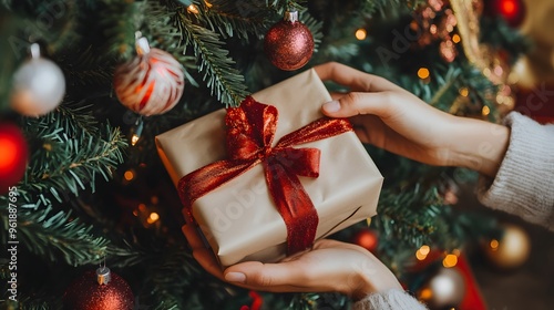 Hand Placing Gift Box Under Christmas Tree: A hand gently placing a wrapped gift box under a decorated Christmas tree, with festive ornaments around. 