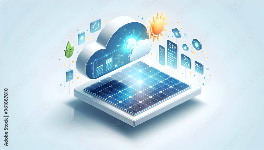 Flat Glossy Solar Panel with Cloud and Holographic Sunlight Data: High Angle Vector Illustration for Renewable Energy Concepts and Emission Level Insights Flat Glossy Solar Panel with Cloud and Holographic Sunlight Data: High Angle Vector Illustration for Renewable Energy Concepts and Emission Level Insights