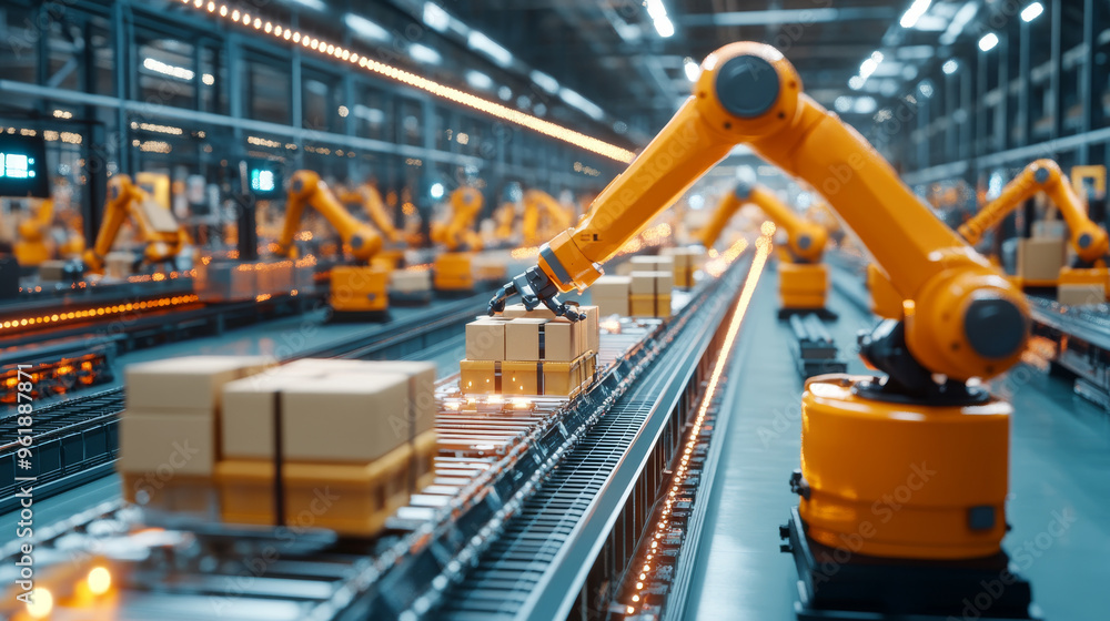 Automated robotic arms efficiently move packages in modern distribution center, showcasing advanced technology and streamlined logistics. Automated robotic arms efficiently move packages in modern distribution center, showcasing advanced technology and streamlined logistics.