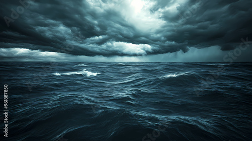 Dark sea surface with a dramatic cloudy sky above approaching storm. Stormy Sea. Illustration