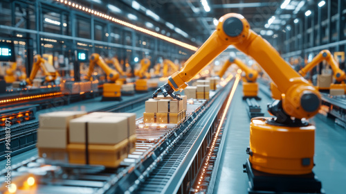 Automated robotic arms efficiently move packages in modern distribution center, showcasing advanced technology and streamlined logistics.
