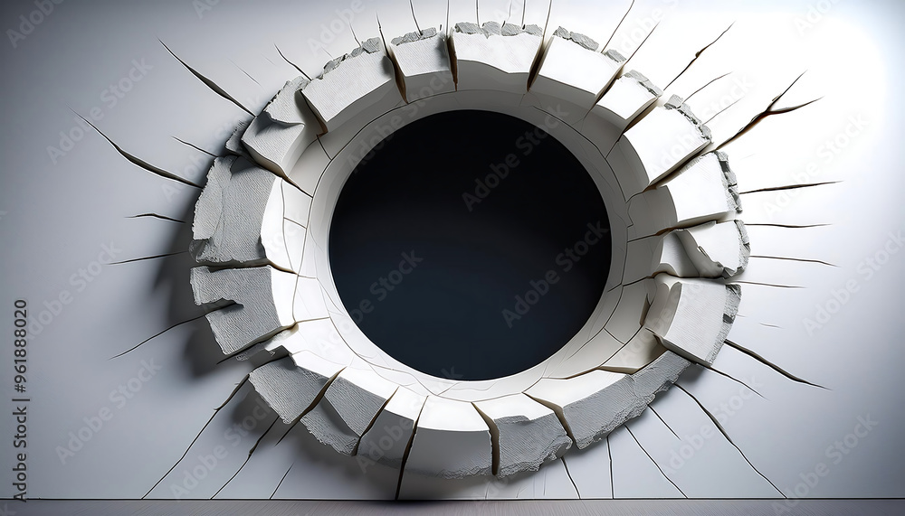 Fototapeta premium A large circular hole in a white wall with cracked edges, symbolizing discovery and disrupt_1(67)