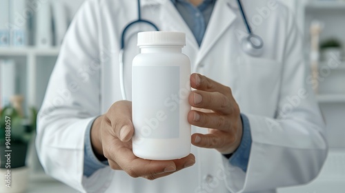 Doctor Holding a Blank White Supplement Bottle Mockup in Hands with Blurred Medical Background