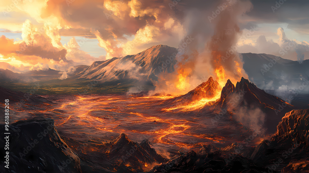 Fototapeta premium Dramatic volcanic landscape with steaming vents and rugged terrain, otherworldly. Volcanic Landscape. Illustration