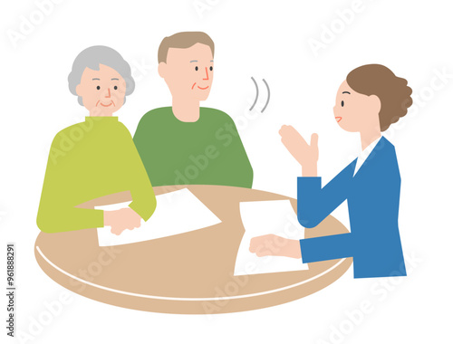 老夫婦に説明をする従業員のイラスト