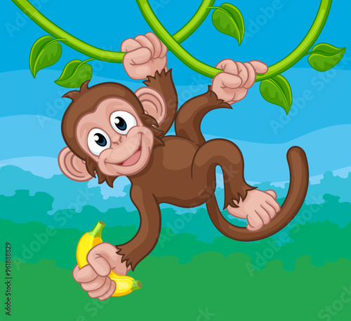 A monkey cartoon character singing on jungle vines with banana