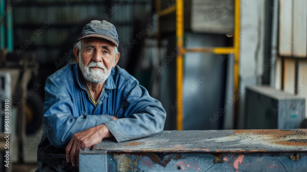 An elderly man in a denim jacket and cap leans on a rustic workbench, exuding experience and wisdom in his workshop. An elderly man in a denim jacket and cap leans on a rustic workbench, exuding experience and wisdom in his workshop.