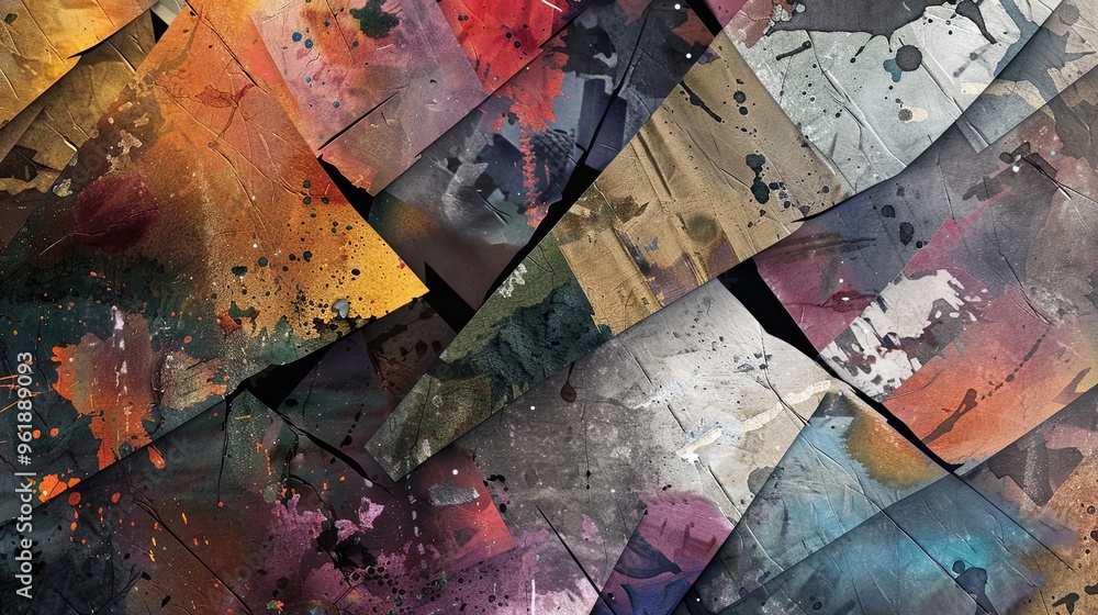 Abstract Dadaism wallpaper with torn fabrics and random paint strokes Abstract Dadaism wallpaper with torn fabrics and random paint strokes