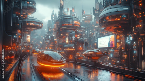 Futuristic Megalopolis with Hovering Pod Vehicles and Neon-Lit Skyscrapers.