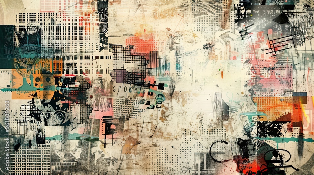 Fototapeta premium Abstract hand-drawn elements and fragmented patterns on a textured Dadaism backdrop