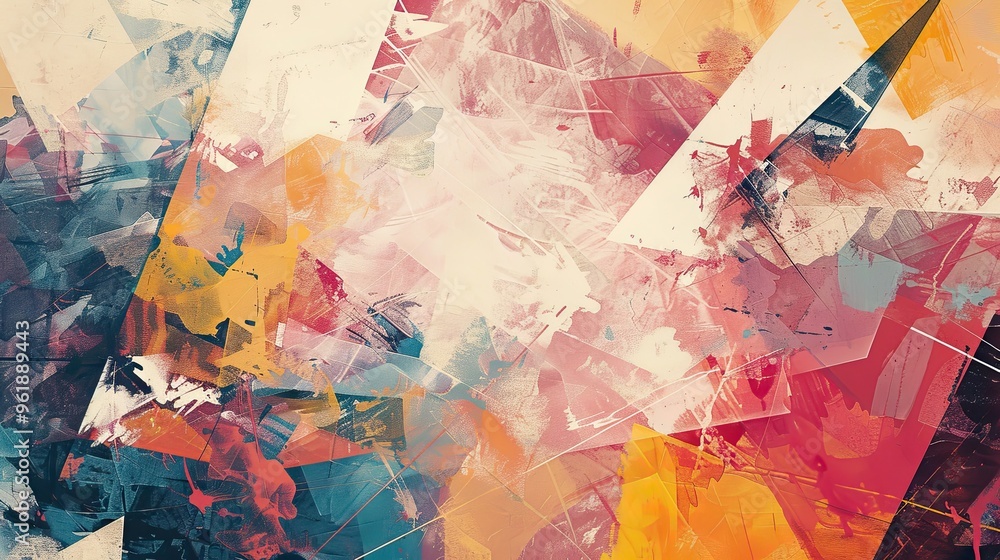 Fototapeta premium Dadaism background featuring torn textures and soft light with random paint strokes