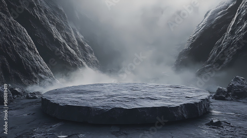 Black rock podium set in a volcanic landscape with mist and eerie ambiance. Volcanic Landscape. Illustration photo