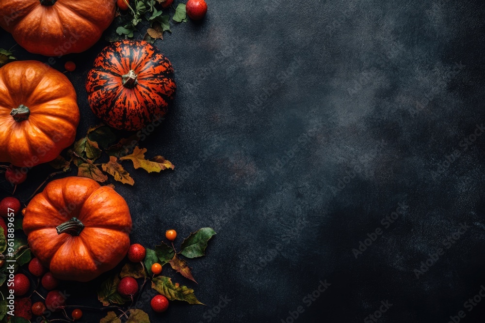 A black background with a row of orange and black pumpkins and leaves A black background with a row of orange and black pumpkins and leaves