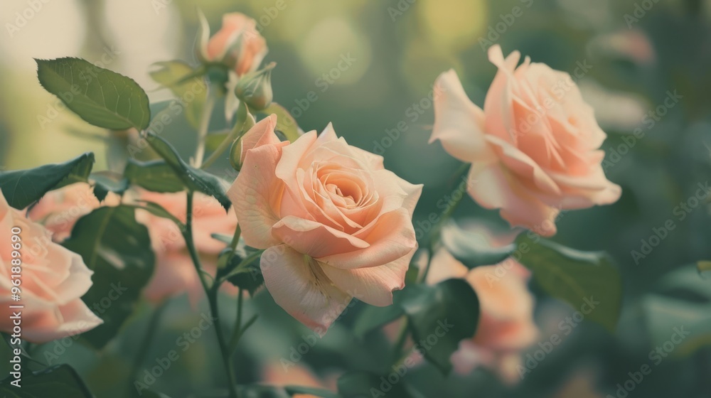 Close-up shot of soft peach roses in full bloom, surrounded by lush green leaves, captures the delicate beauty and tranquility of a blooming garden. Close-up shot of soft peach roses in full bloom, surrounded by lush green leaves, captures the delicate beauty and tranquility of a blooming garden.