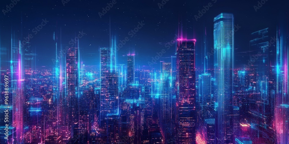 Fototapeta premium Neon city skyline with glowing lines.