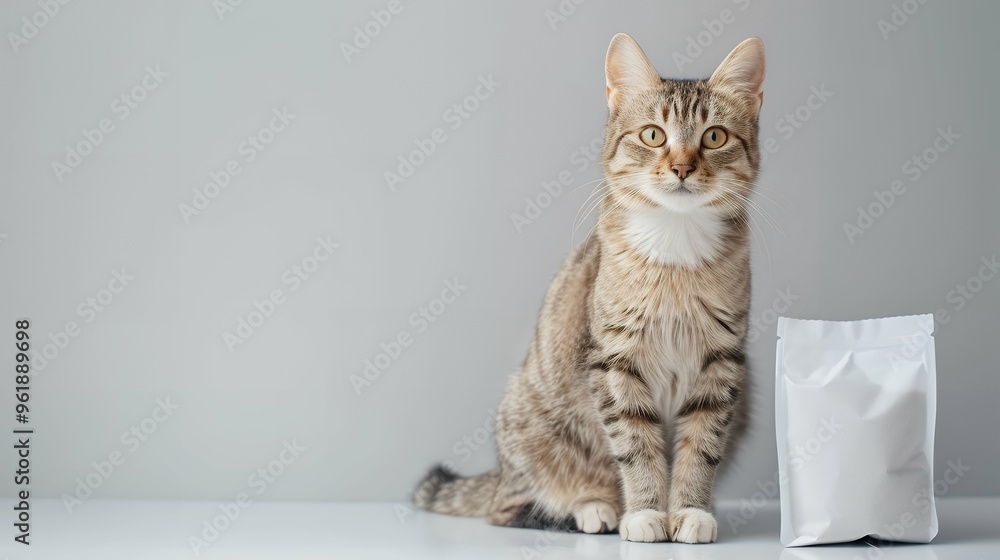Adorable Cat with Clean White Pet Food Package Mockup – Perfect for Pet Food Branding, Packaging Design, and Marketing