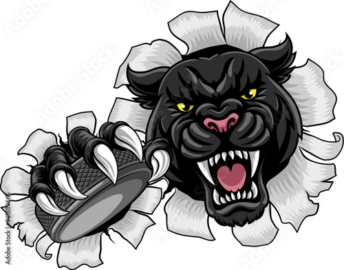 Black panther leopard or jaguar cat hockey sports team mascot holding an ice hockey puck
