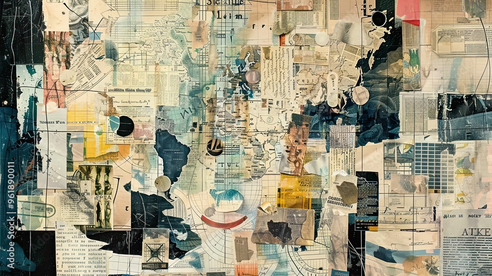 Fototapeta premium Vintage maps and abstract doodles blend in soft light on a Dadaism backdrop