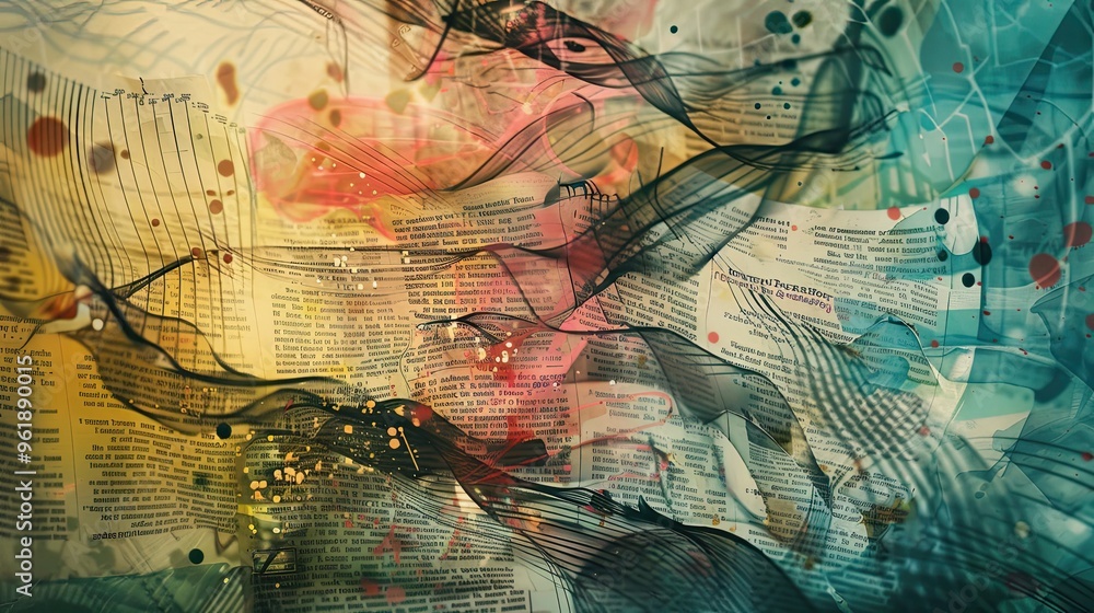Fototapeta premium Book pages watercolor splashes and abstract lines blend into a Dadaism background
