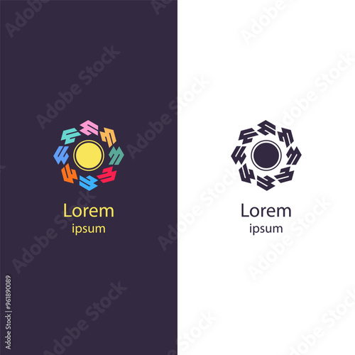 A colorful logo design featuring hands forming a circular shape, symbolizing unity, community, and teamwork. Ideal for NGOs, social organizations, and collaborative projects.