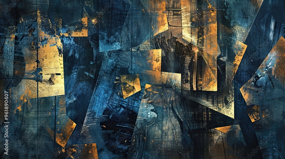 Blue and gold fragmented shapes with textured surfaces on a dramatic Neo-Expressionism backdrop Blue and gold fragmented shapes with textured surfaces on a dramatic Neo-Expressionism backdrop