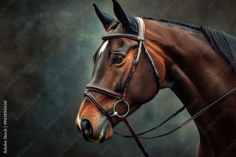 Fototapeta premium Bridle. Portrait of a Beautiful Brown Horse in a Head Harness