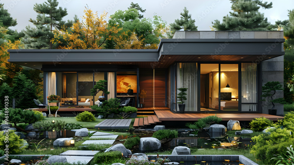 Modern Home with Pond and Garden - 3D Illustration Modern Home with Pond and Garden - 3D Illustration