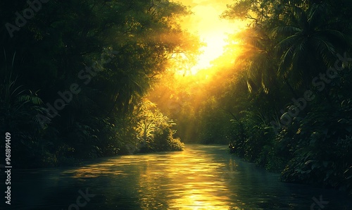 Golden Sunlight Filtering Through Dense Rainforest Canopy Over a Still River