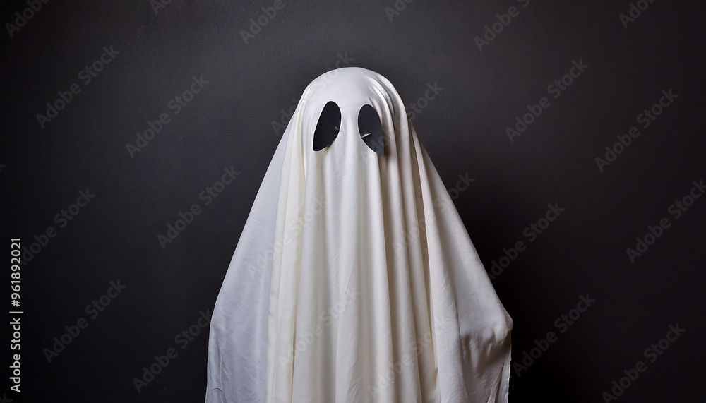 A playful Halloween ghost costume against a dark wall. _1(114) A playful Halloween ghost costume against a dark wall. _1(114)